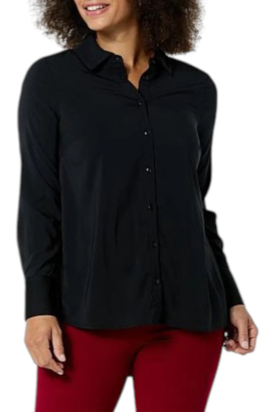 Nina Leonard Women's Long Sleeve Collared Front Shirt Black - Regular